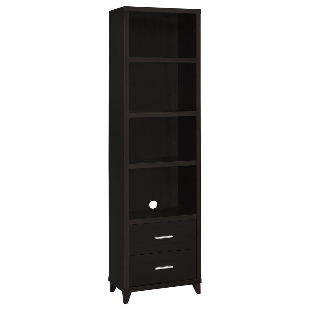 Cappuccino Media Tower with Shelf and Drawer in Brown Wood Finish, 76-Inch High with Adjustable Shelves and Silver Handles