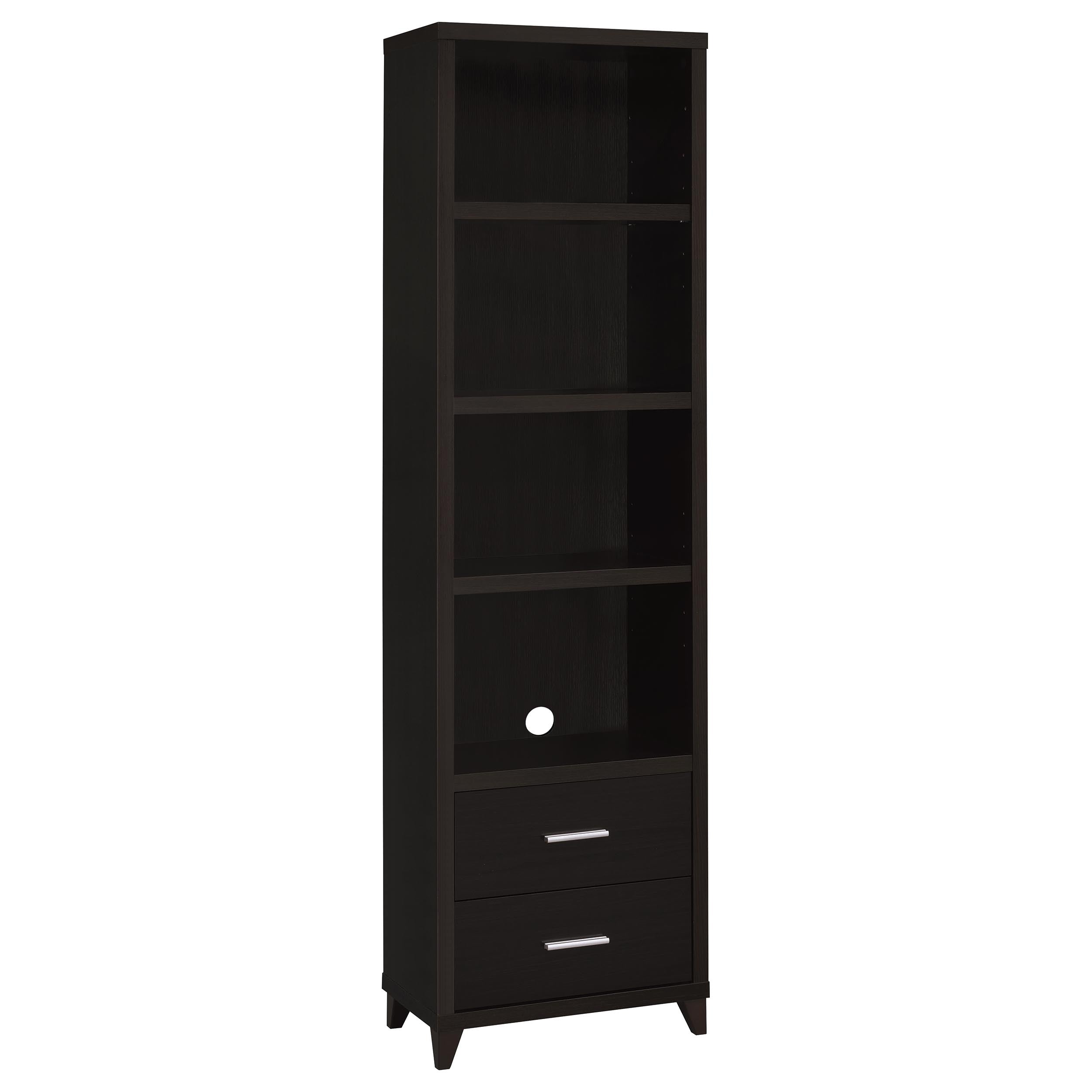 Cappuccino Media Tower with Shelf and Drawer in Brown Wood Finish, 76-Inch High with Adjustable Shelves and Silver Handles