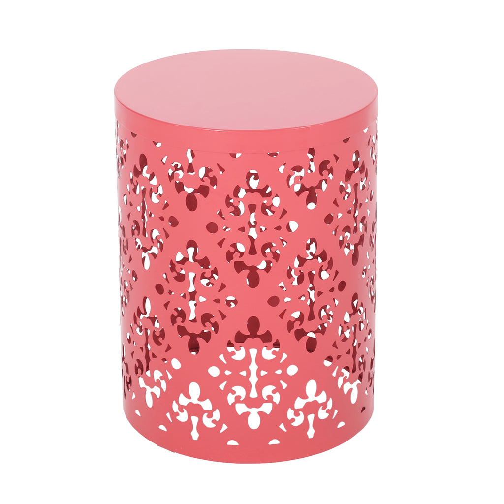 Modern Outdoor Metal End Table with Iron Cut Design in Coral, Large Size