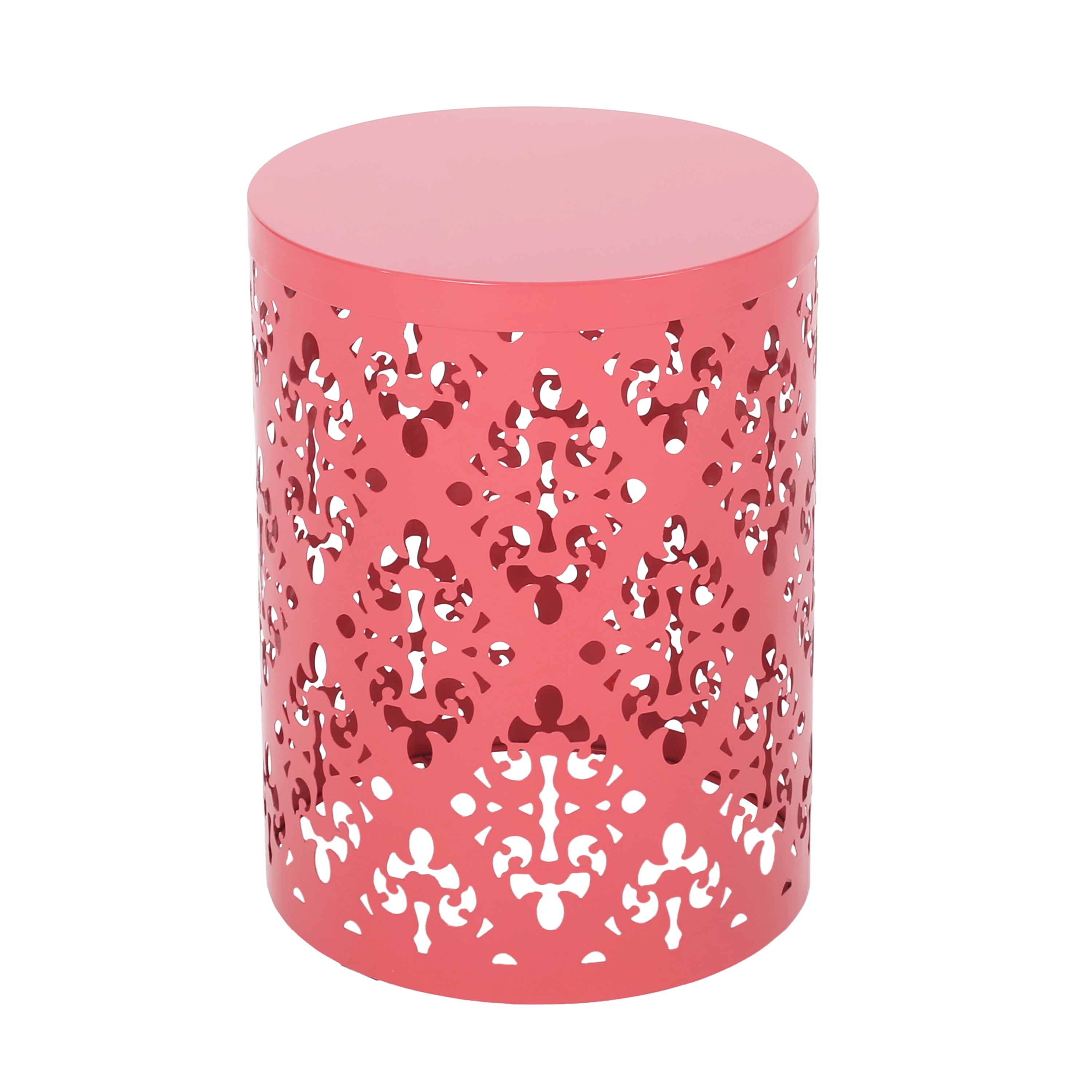 Modern Outdoor Metal End Table with Iron Cut Design in Coral, Large Size