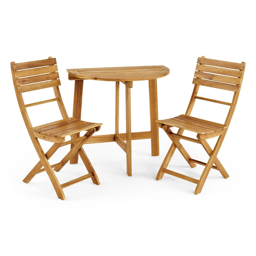 Natural Outdoor Acacia Wood 3 Piece Half Round Folding Bistro Set with Slatted Design