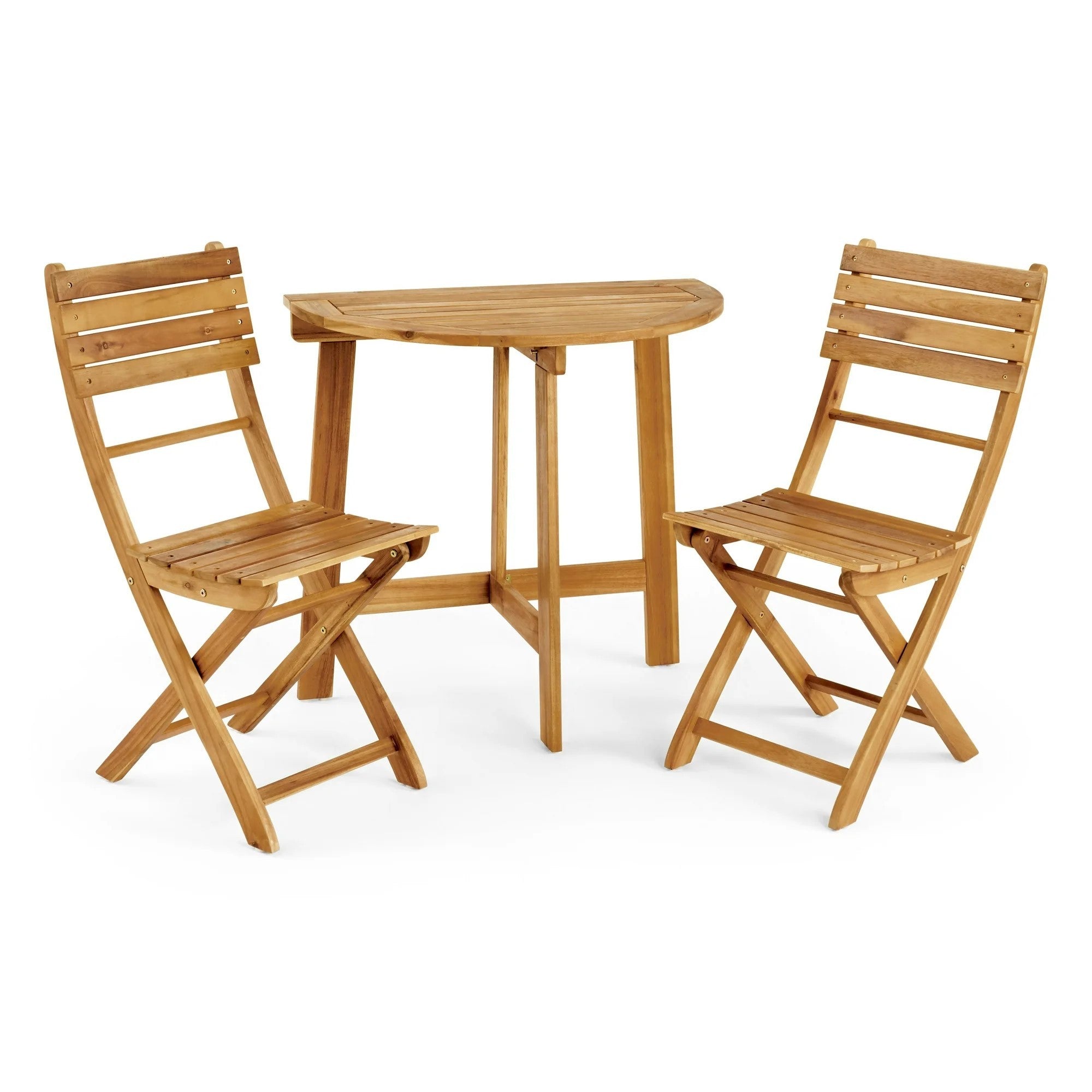 Natural Outdoor Acacia Wood 3 Piece Half Round Folding Bistro Set with Slatted Design