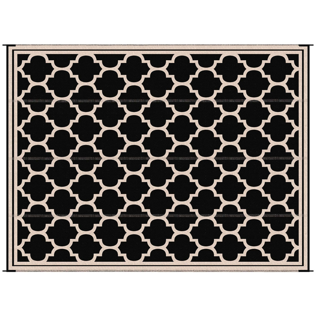 Outsunny Reversible Outdoor Rug Carpet, 9' x 18' Waterproof Plastic Straw Rug, Portable RV Camping Rugs with Carry Bag, Large Floor Mat for Backyard, Deck, Picnic, Beach, Black & Beige