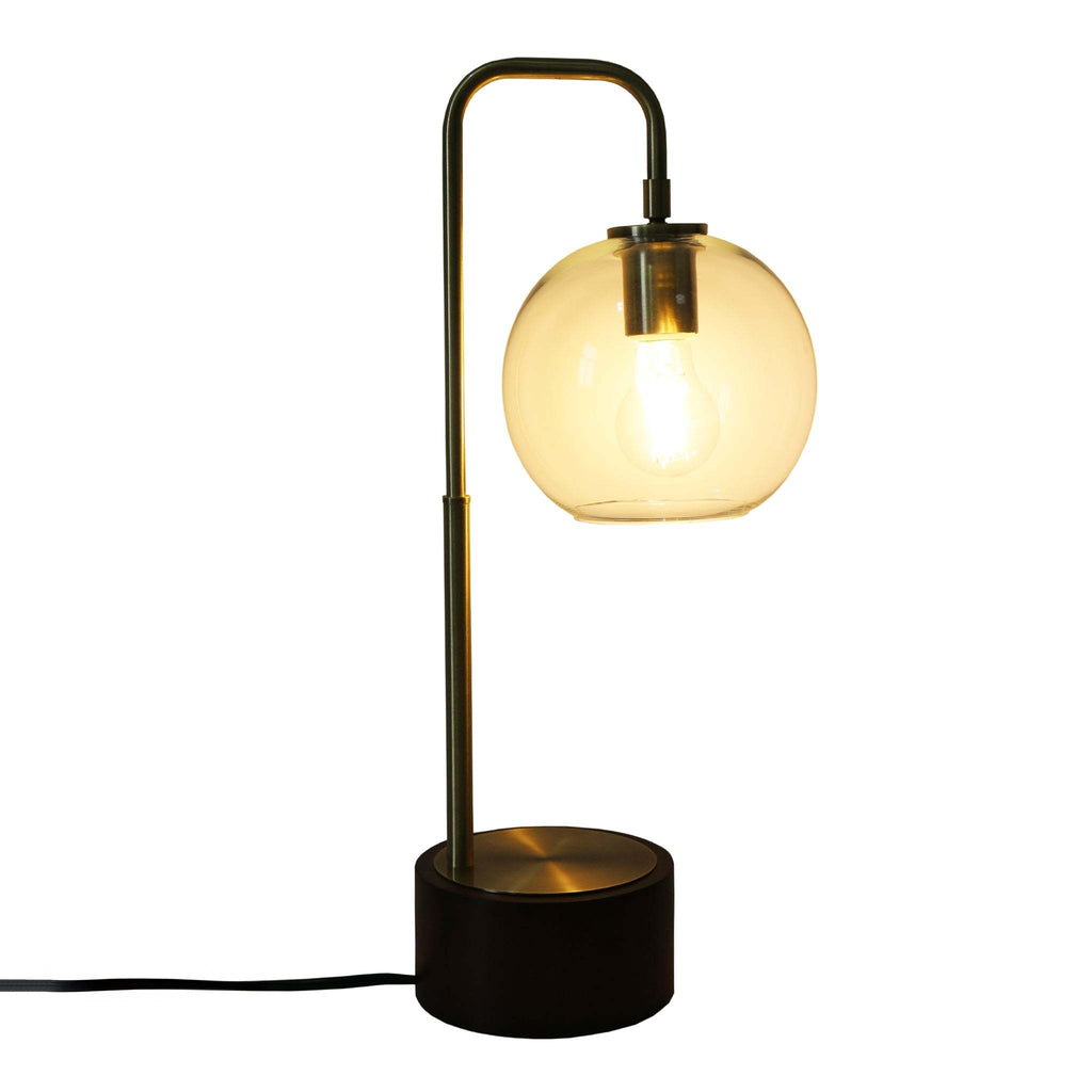 LuxeRay Simple Glass Globe Arched Table Lamp 110V Walnut Base Bronze Stem