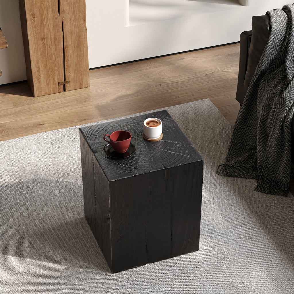 Wood-Look Square-Column MGO End Table, H18',Wood-Like Distressed Finish, Mix with Different Heights, Indoor Outdoor Use,Black Color