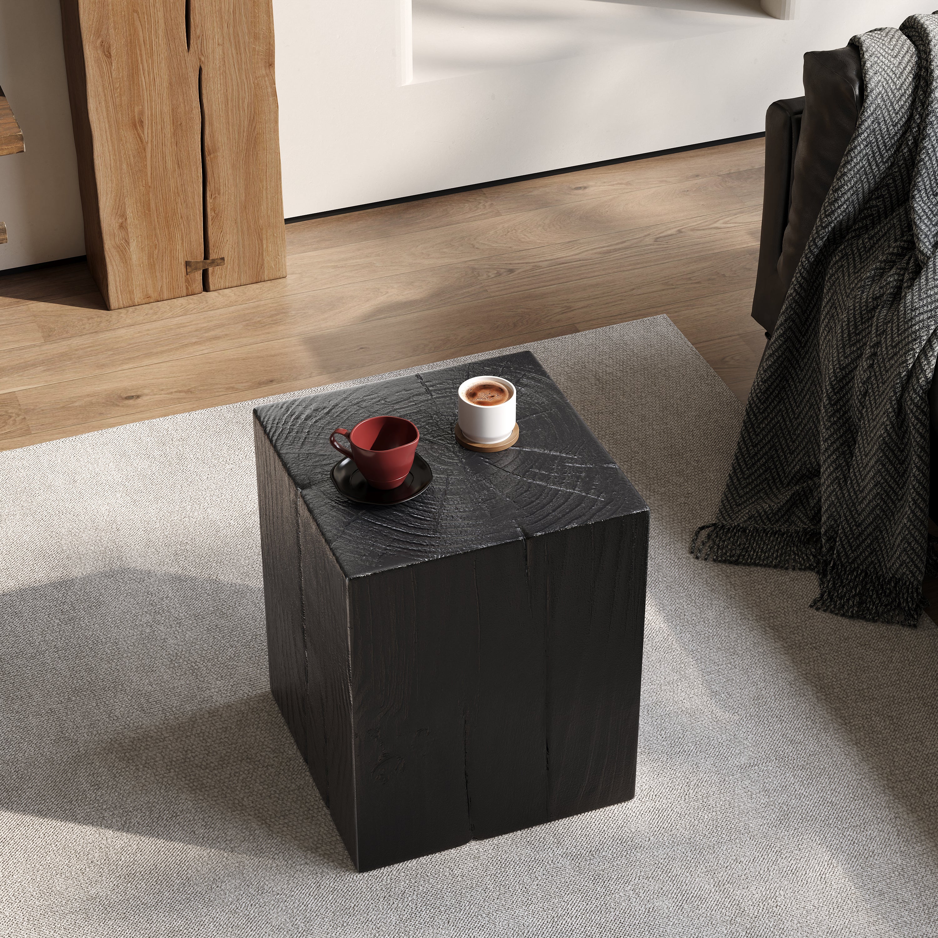 Wood-Look Square-Column MGO End Table, H18',Wood-Like Distressed Finish, Mix with Different Heights, Indoor Outdoor Use,Black Color