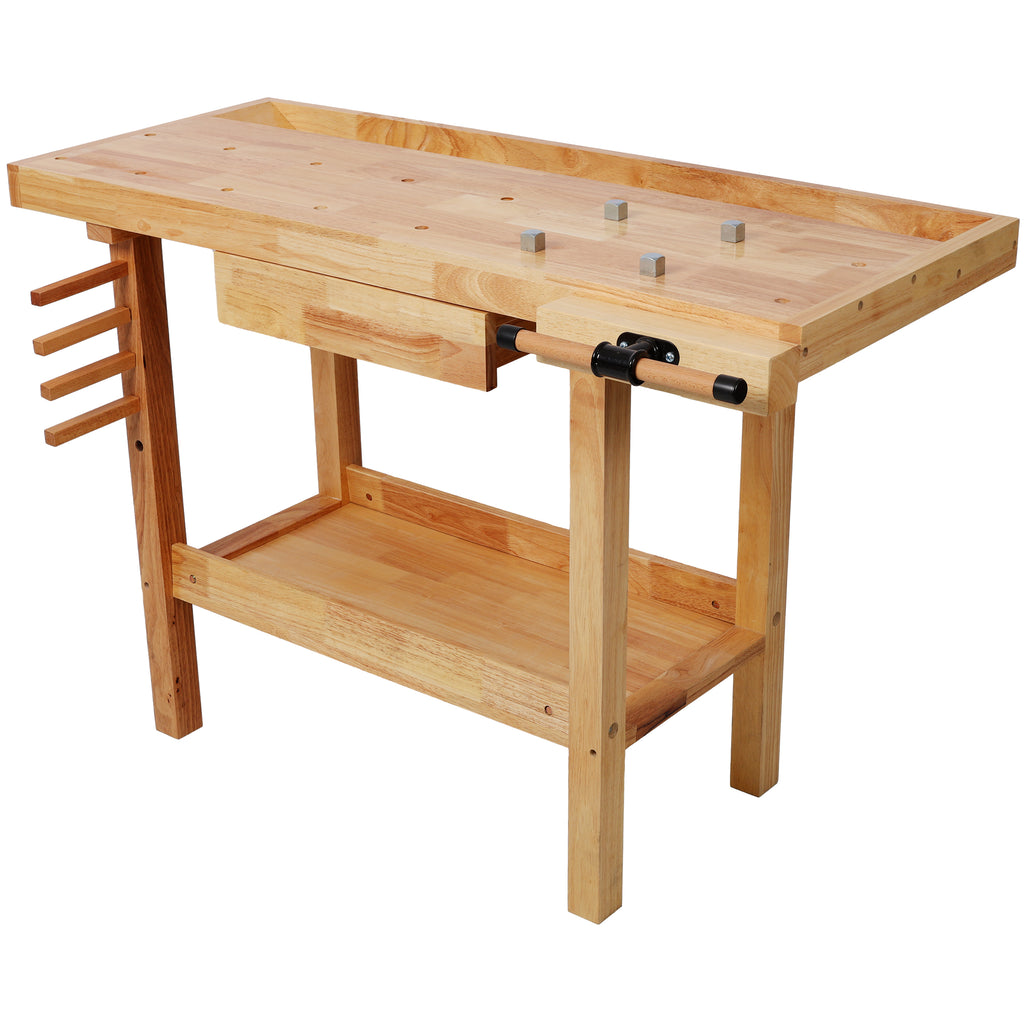 48' Wood Workbench, Heavy Duty Woodworking Bench with Adjustable Handle, 330Lbs Load Capacity Woodworking Table Work Bench with Storage for Garage, Workshop, Home Storage