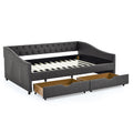 Mid-Century Style Upholstered Daybed with Drawers, Button-Tufted Back and Copper Nail Trimmed Waved Arms in Dark Grey Linen, 80.5''x55.5''x27.5''