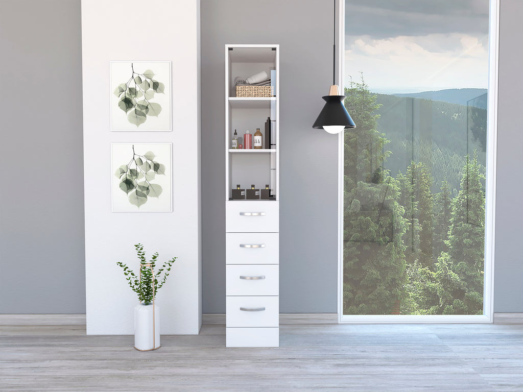 Vanguard Linen Cabinet, Three Shelves, Four Drawers -White