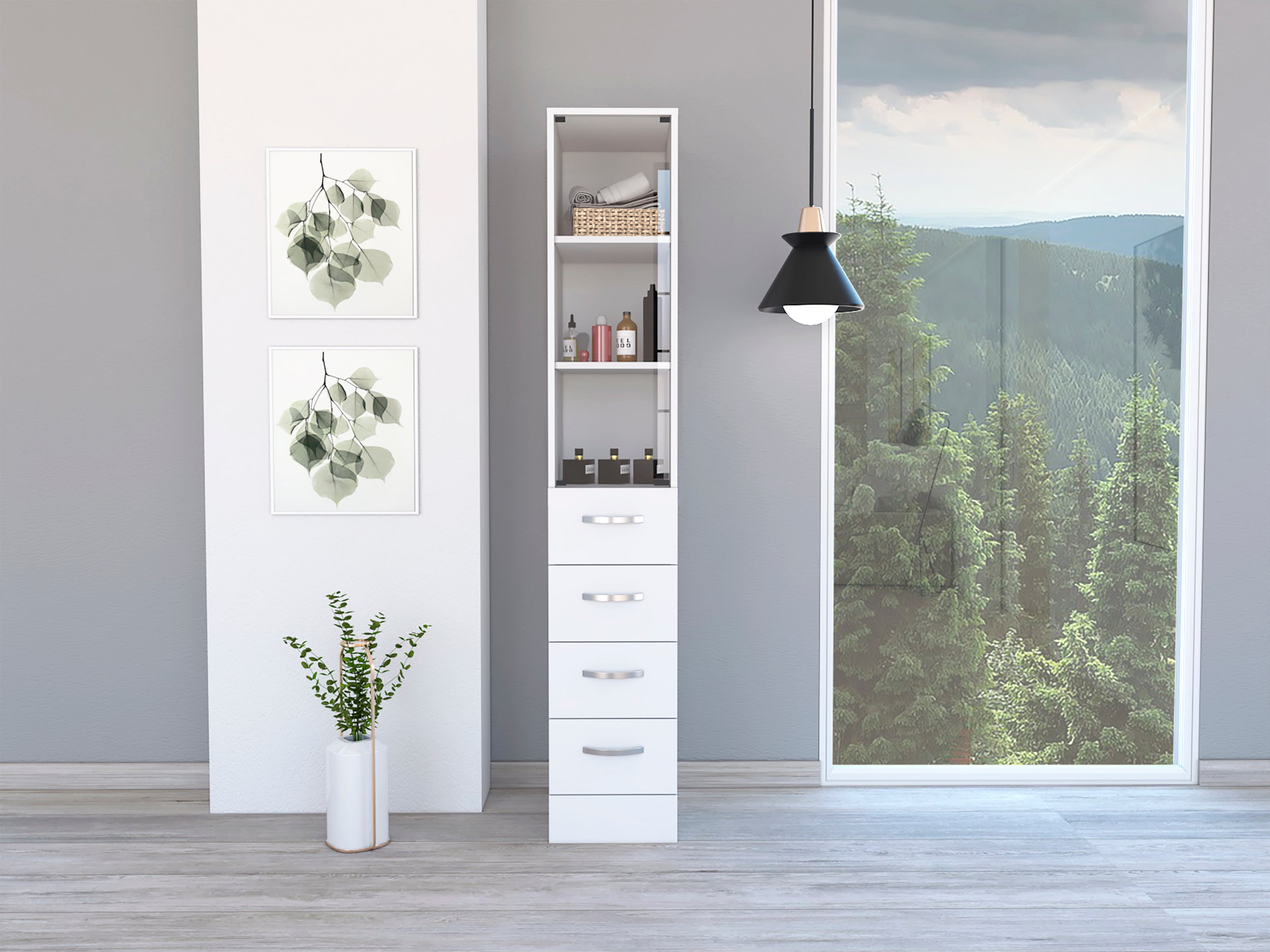 Vanguard Linen Cabinet, Three Shelves, Four Drawers -White