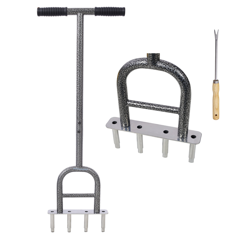 Lawn Coring Aerator,  4 Corer Plug Aerator Tool with Soft Rubber Grip, Manual Grass Aerating Tool, Garden Tool & Cleaning Hand Tool for Loosening Soil and Improving Lawn Health